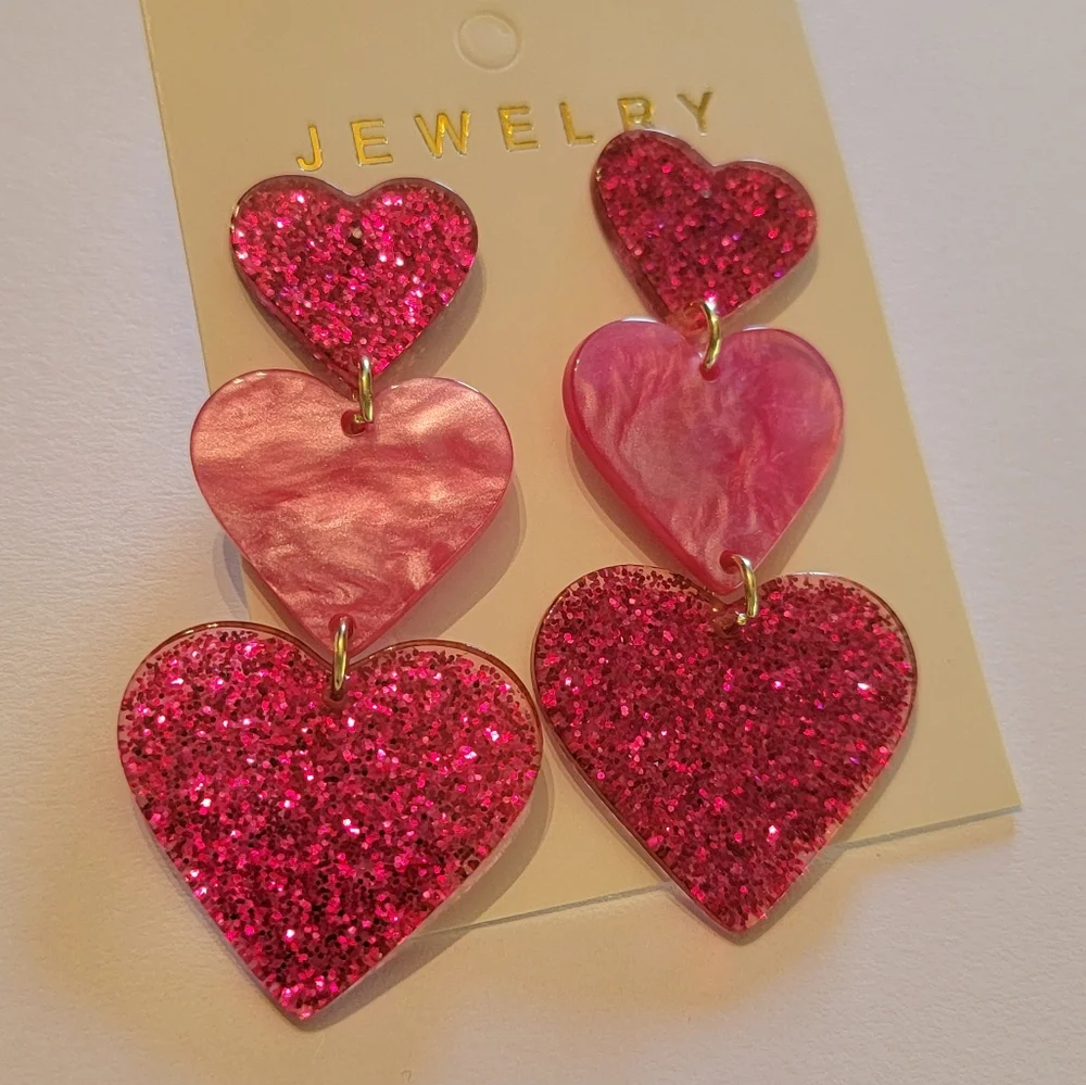 ⛱️Triple Heart Dangle Earrings Colored Sparkle Hearts Love - Picture 6 of 6